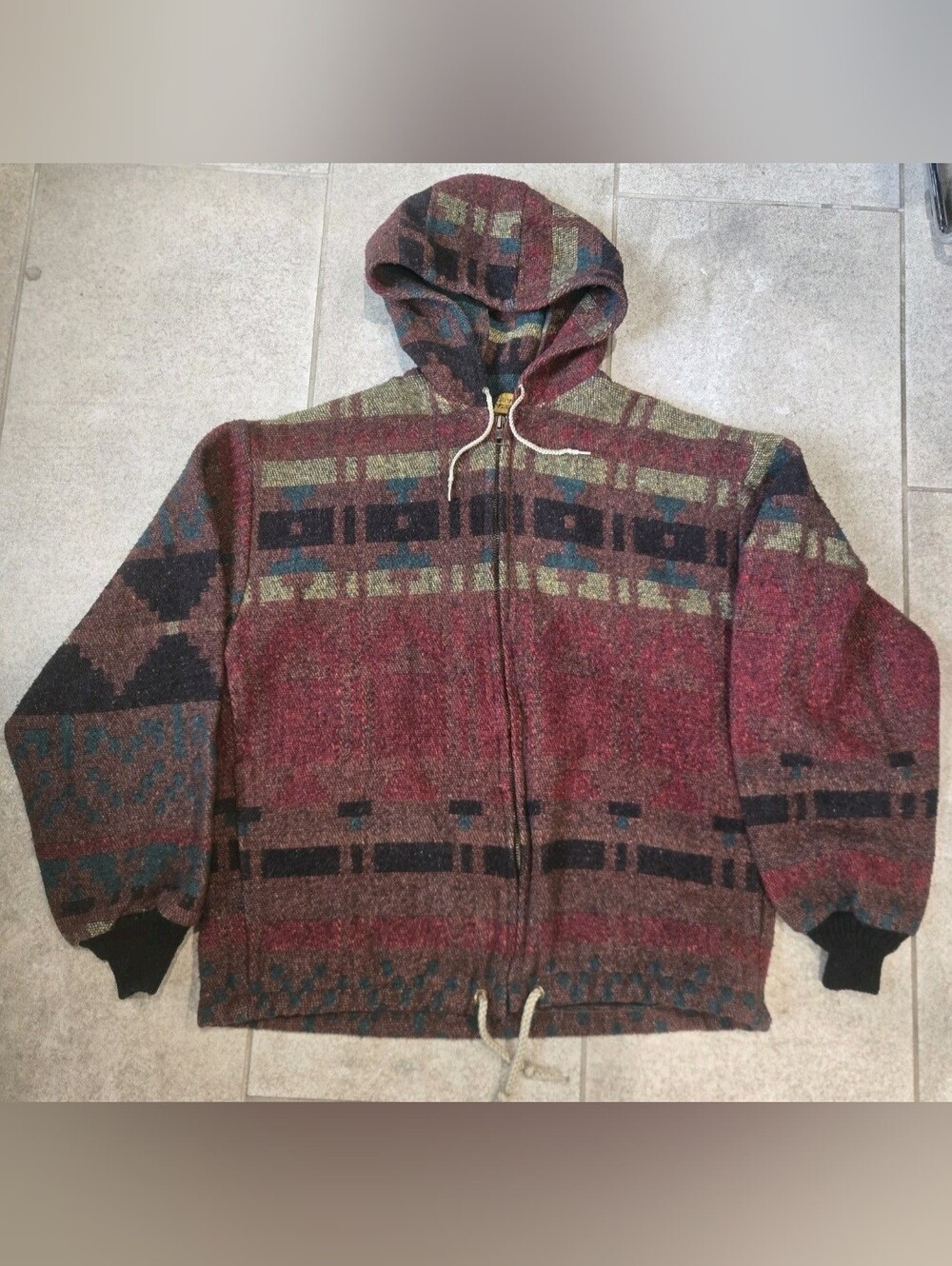 Vintage 80s Southwestern Wool Blanket Hoodie Jacket Made in USA Aztec Navajo M
